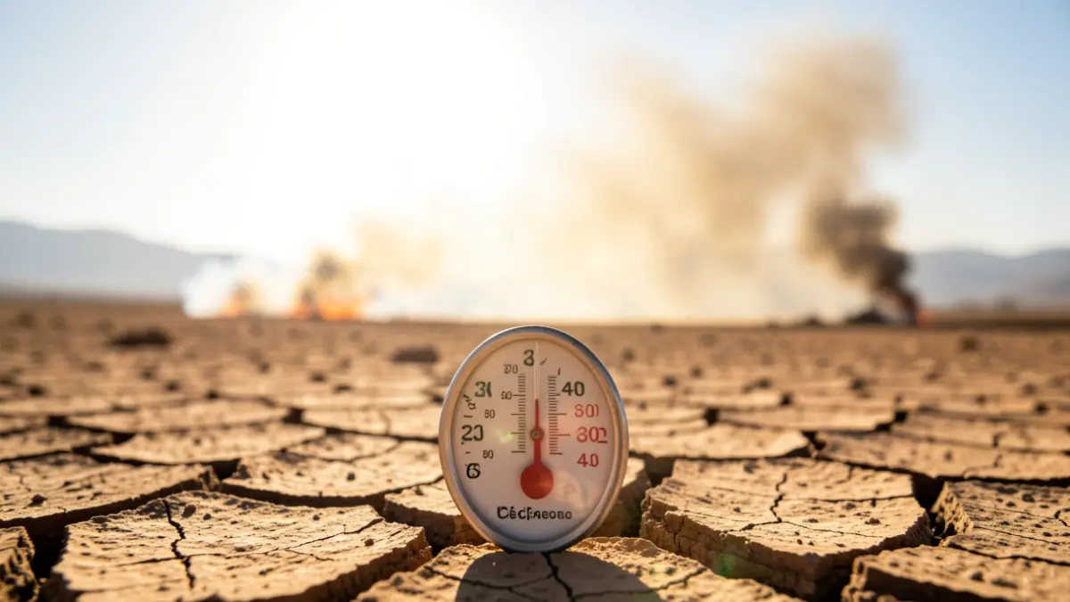 Thermometer showing 43 degrees Celsius under a blazing sun, with dry, cracked earth and a hint of smoke in the distant background, indicating extreme heat and fire risk.