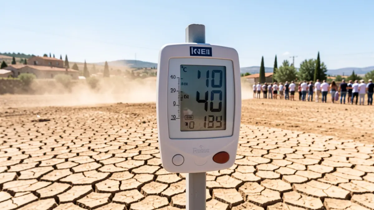 Imatge genèrica d'un termòmetre marcant temperatures extremes amb paisatge sec.