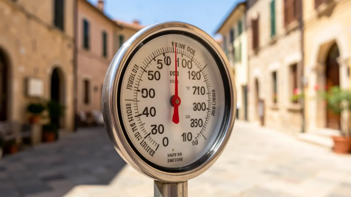Thermometer showing extreme temperatures under an intense sun in a Mediterranean urban setting.