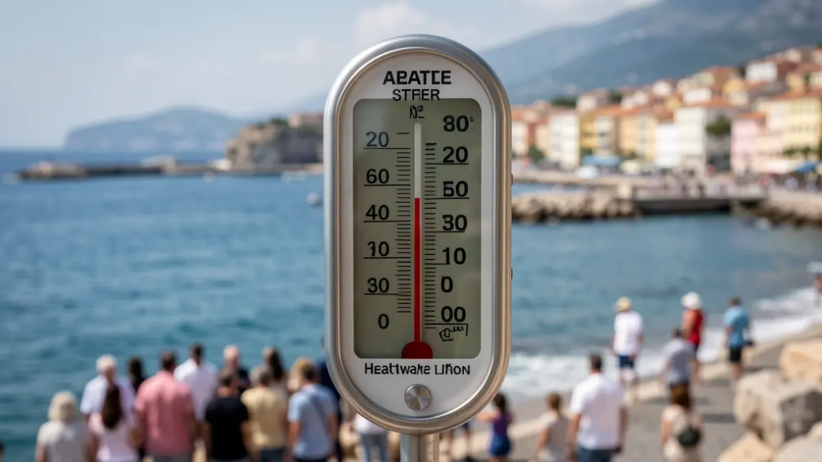 Imagen genérica de un termómetro marcando una temperatura muy alta frente al mar Mediterráneo y un paisaje urbano borroso, simbolizando una alerta por calor.