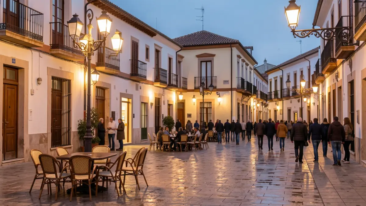 Generic image of a Mediterranean city square at dusk with streetlights.