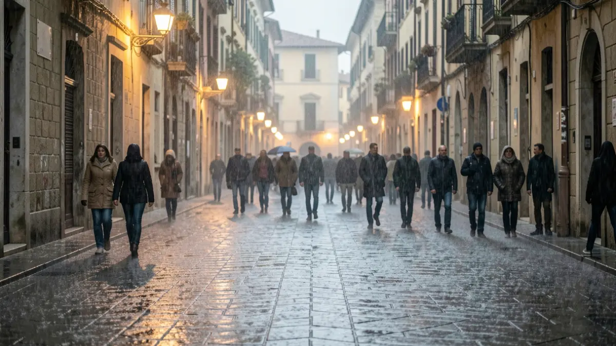 Generic image of heavy rain on a Mediterranean city street.