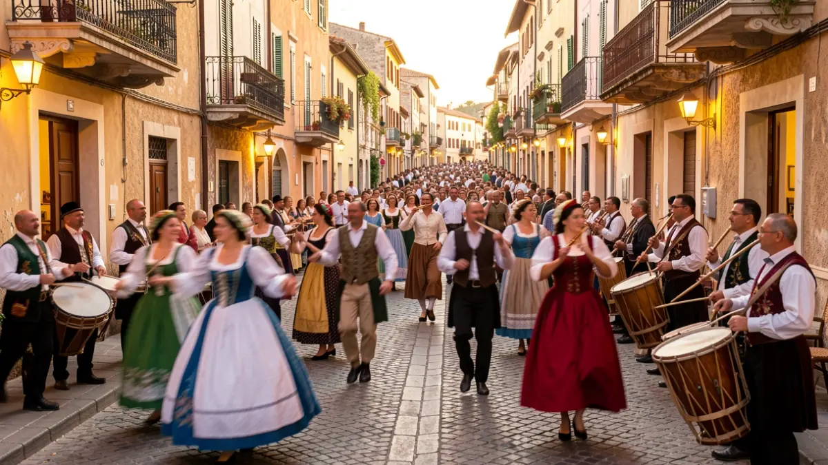 Generic image of a traditional celebration with dances and music in the streets of a Mediterranean town.