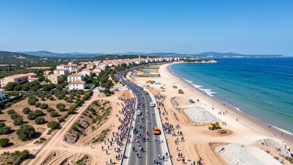 Imatge genèrica d'un vial en construcció connectant un nucli urbà amb la platja.