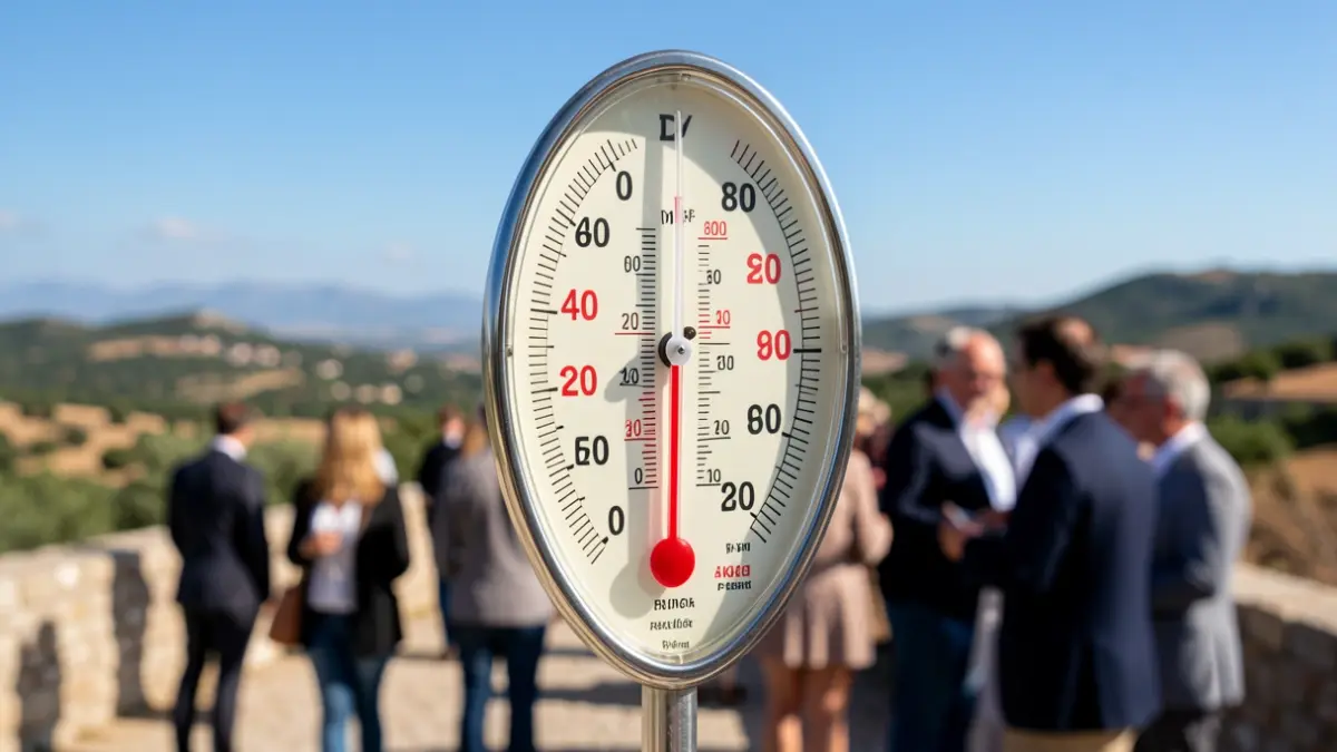 Termòmetre que marca una temperatura elevada amb un paisatge mediterrani al fons.