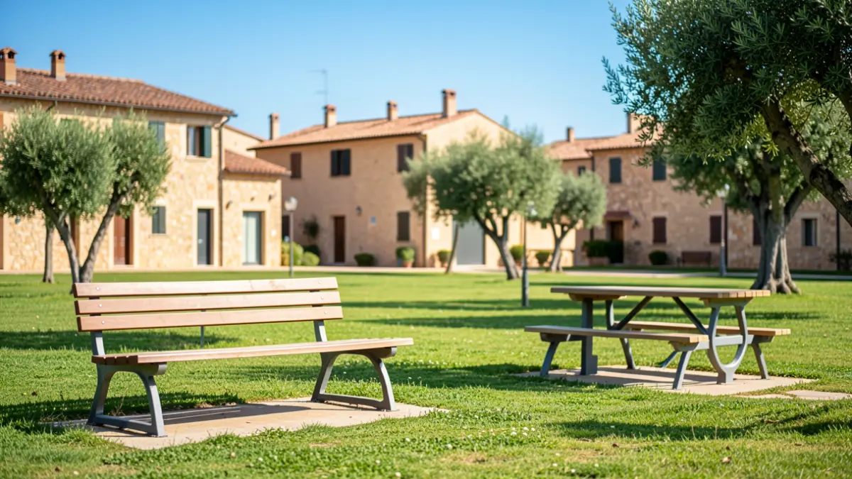Generic image of new urban furniture in a park.
