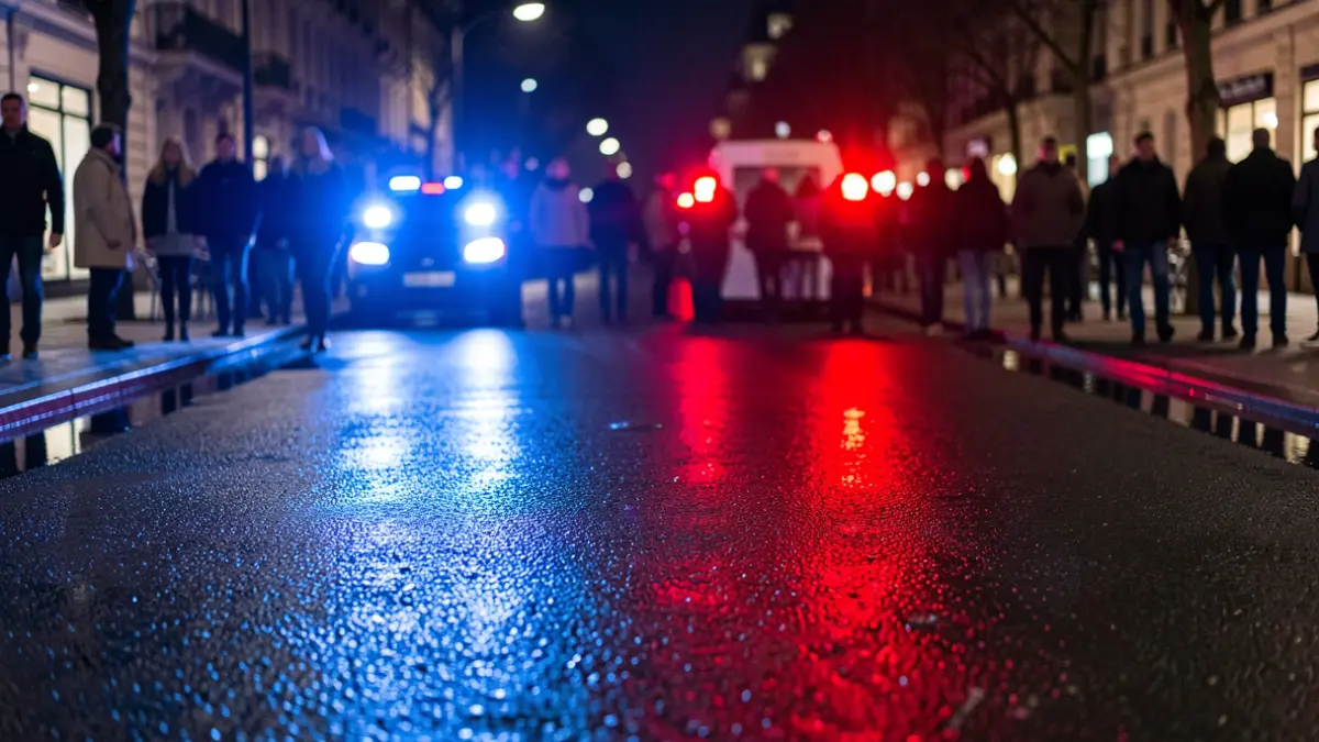 Imatge genèrica de llums d'emergència policials reflectint-se en asfalt mullat.