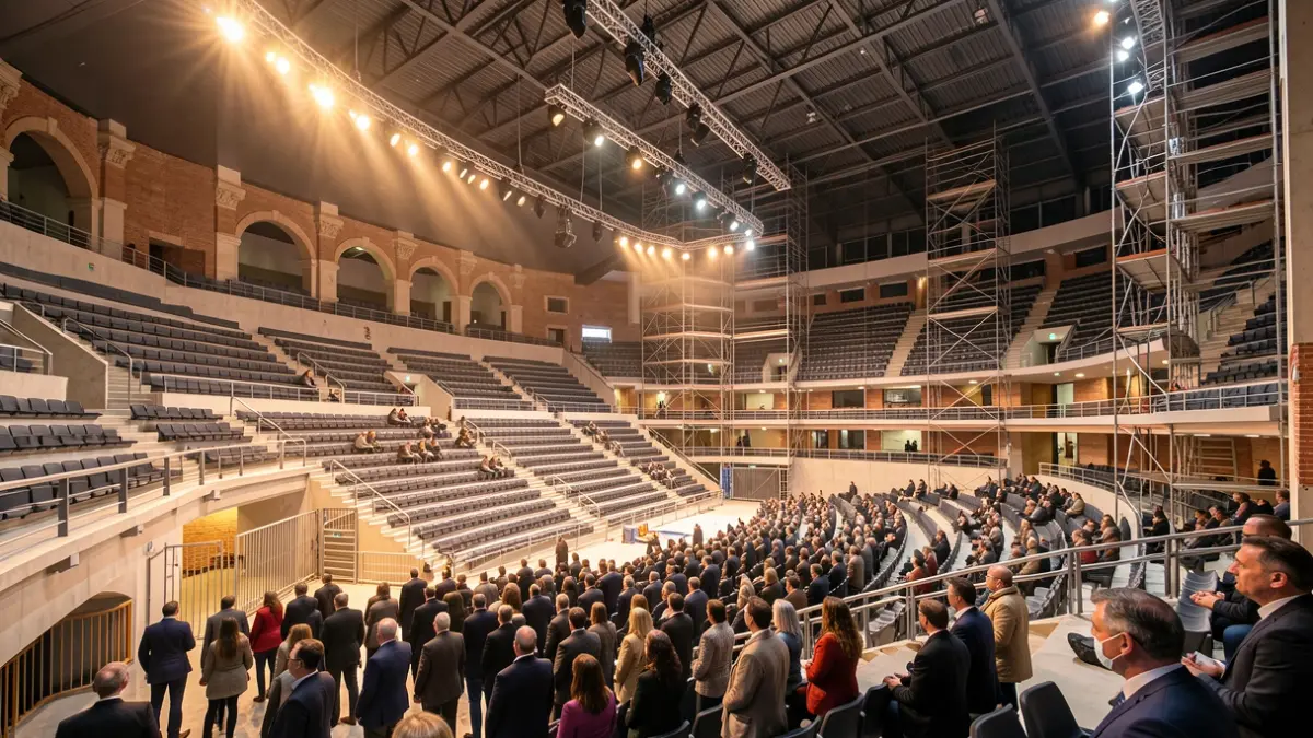 Imatge genèrica d'un interior d'arena polivalent en obres, amb graderies i elements de construcció.