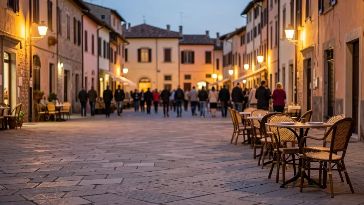 Generic image of a Mediterranean town square at dusk, with warm streetlights and buildings in the background.
