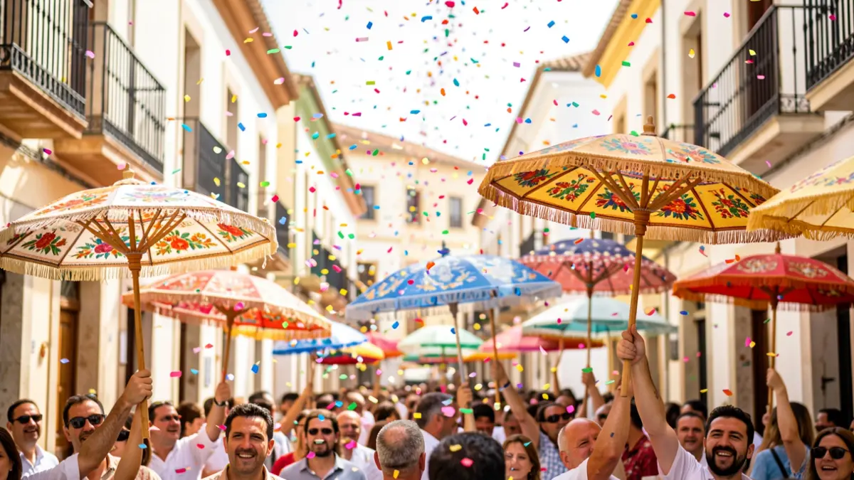Imagen genérica de una fiesta popular con confeti y arquitectura mediterránea.