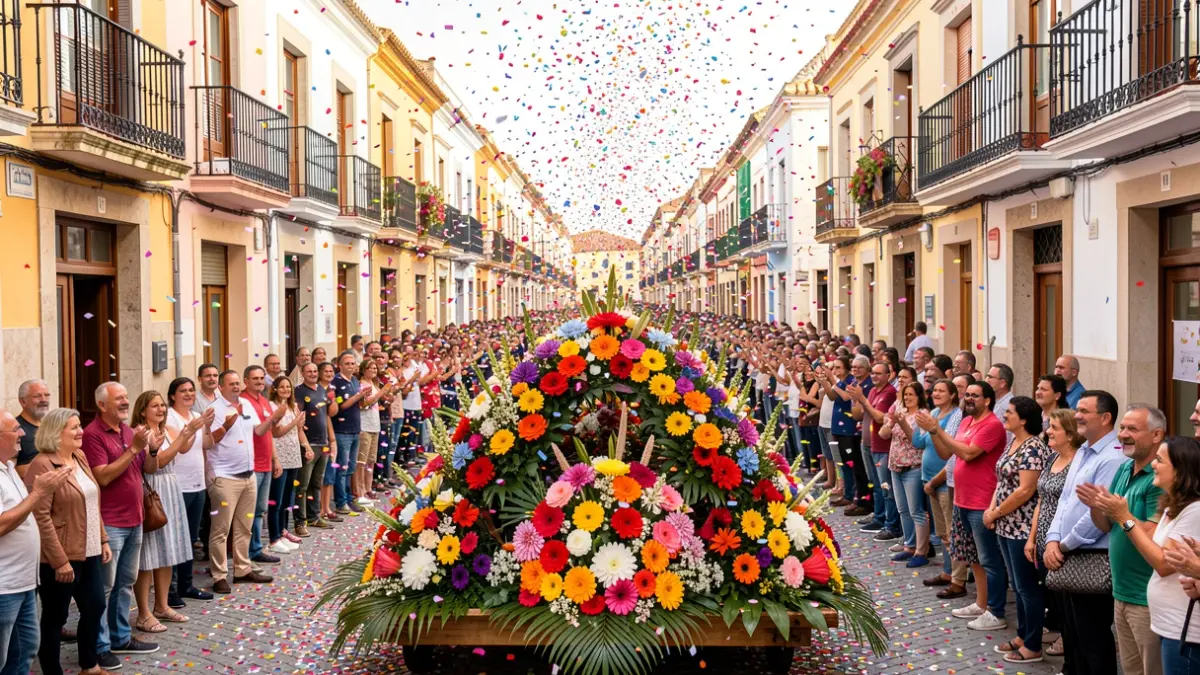 Imagen genérica de una fiesta popular con confeti y elementos florales.