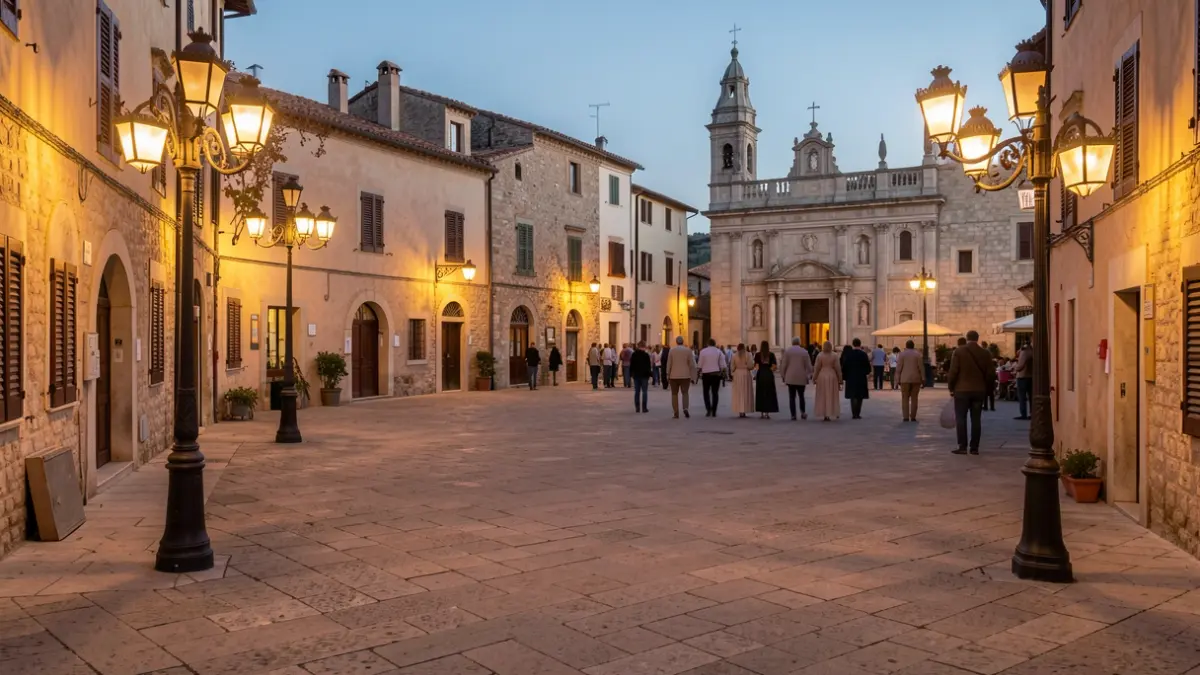 Imagen genérica de una plaza de pueblo mediterráneo al atardecer.