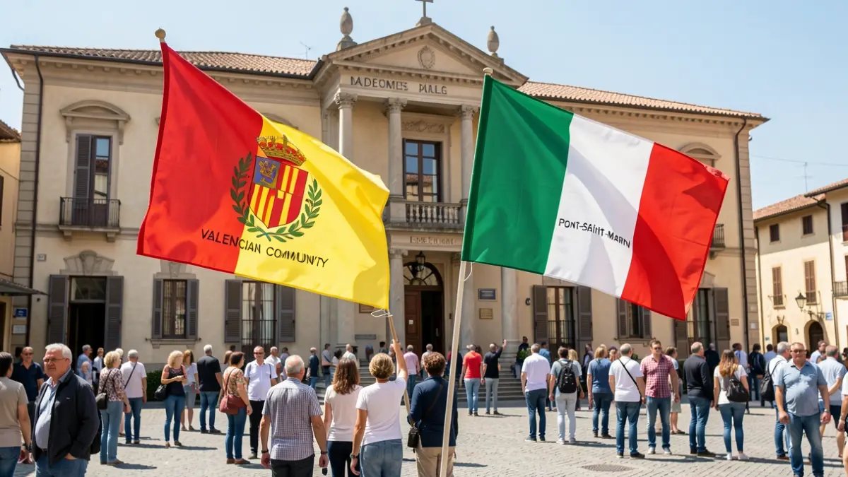 Imagen genérica de las banderas de Bétera y Pont-Saint-Martin frente a un ayuntamiento.