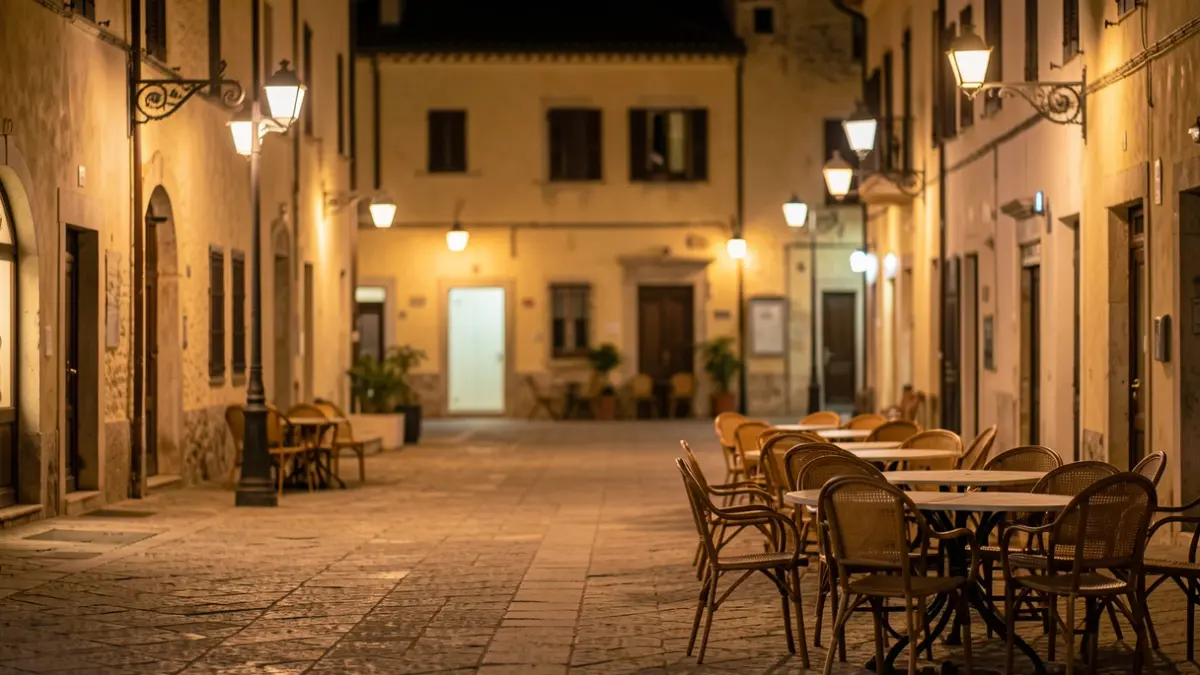 Imagen genérica de una plaza de pueblo mediterráneo de noche con farolas.