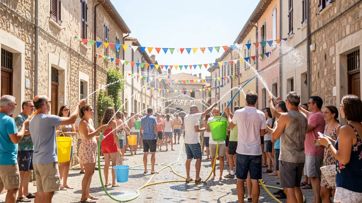 Imagen genérica de una fiesta acuática en la calle con gente refrescándose.