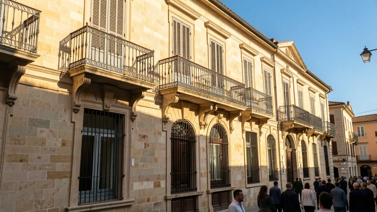 Imagen genérica de la fachada de un ayuntamiento mediterráneo con balcones y barandillas de hierro, luz de tarde.