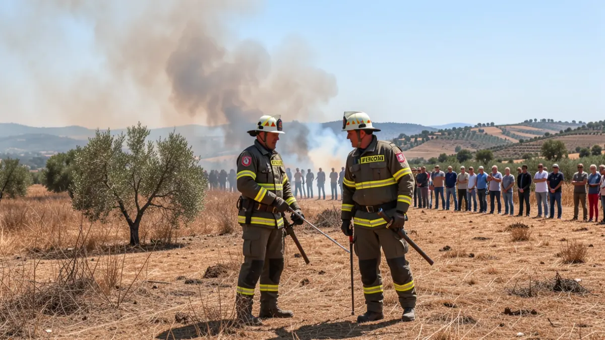 Imagen de bomberos forestales defendiendo una granja de un incendio en una zona rural.
