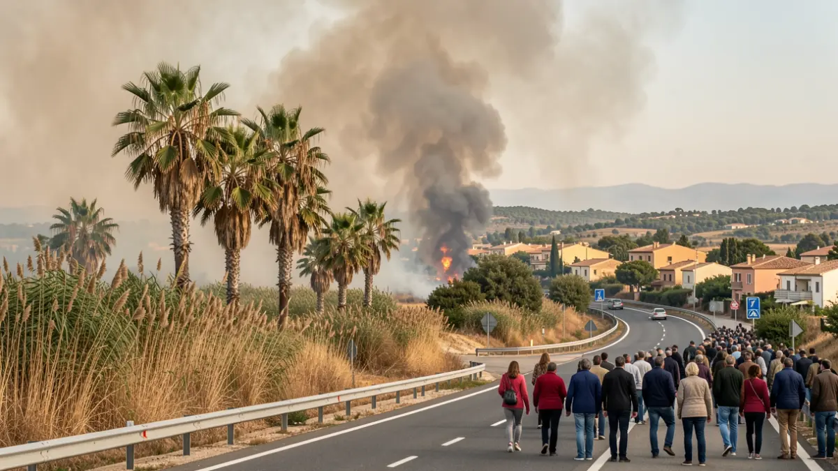 Imatge genèrica d'un incendi forestal prop d'una carretera i cases.