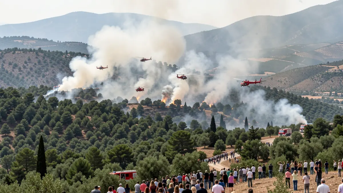 Imatge genèrica d'un incendi forestal amb mitjans terrestres i aeris desplegats.
