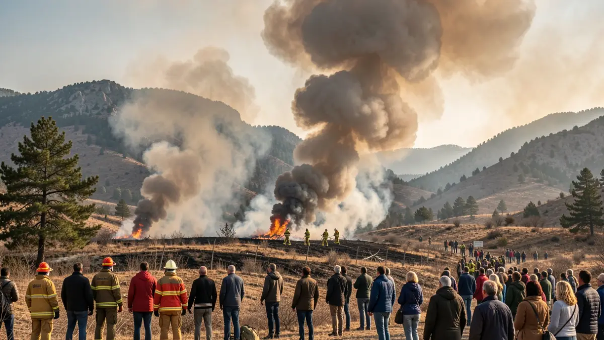 Imatge genèrica d'un incendi forestal amb bombers treballant.