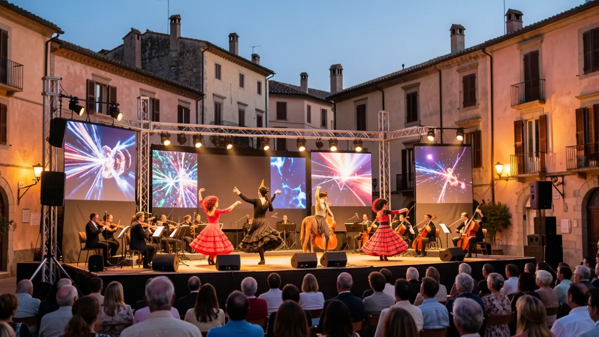 Imagen genérica de un espectáculo cultural al aire libre con danza, música y elementos ecuestres.