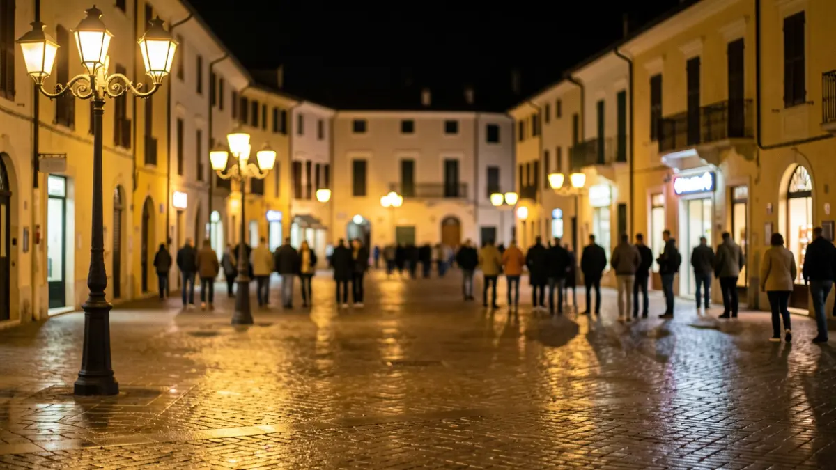Imatge genèrica d'una plaça de nit amb enllumenat públic.