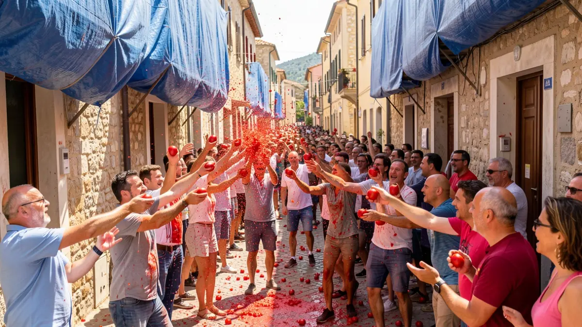 Generic image of La Tomatina festival in Buñol with people throwing tomatoes.