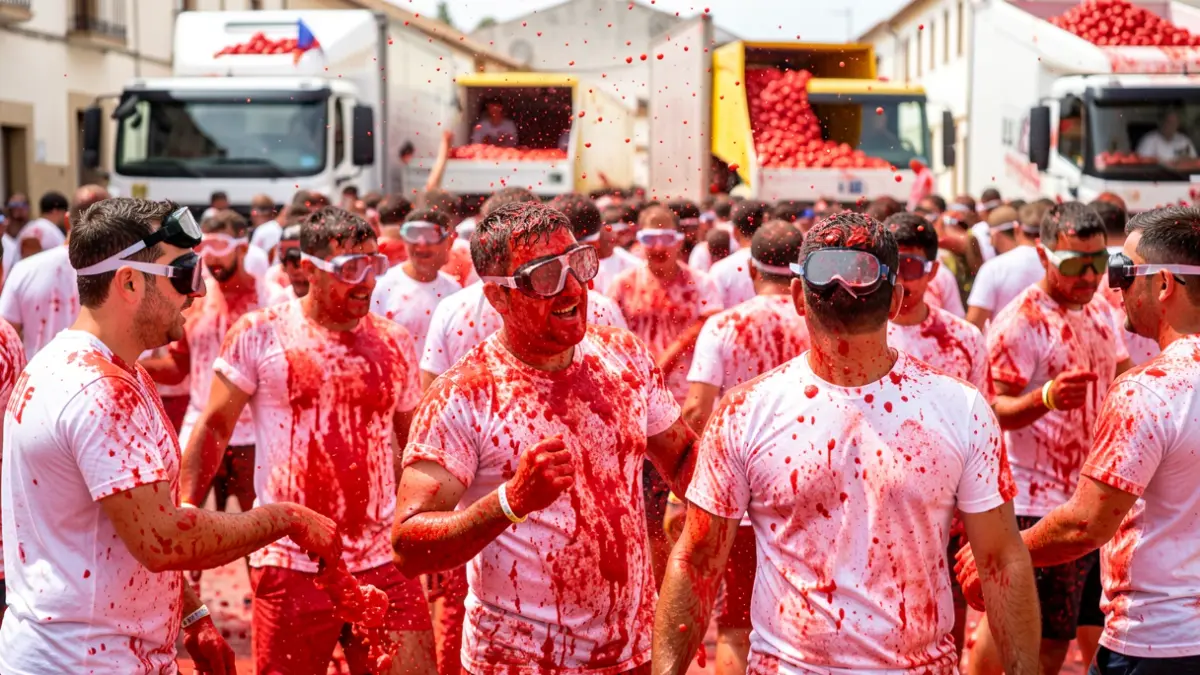 Imagen genérica de la Tomatina en Buñol con participantes cubiertos de tomate.