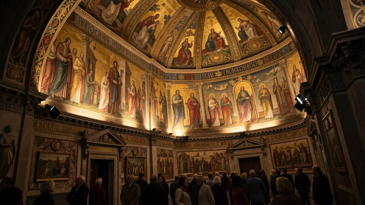 Generic image of artistic mural paintings illuminated in a temple apse.
