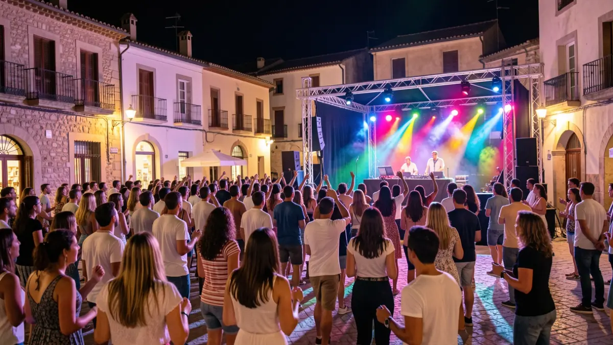 Generic image of a nighttime electronic music festival in a town square.