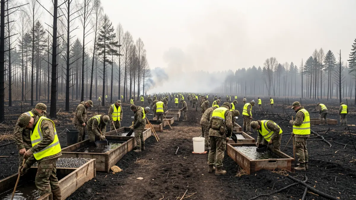Generic image of hunters helping wildlife after a forest fire.