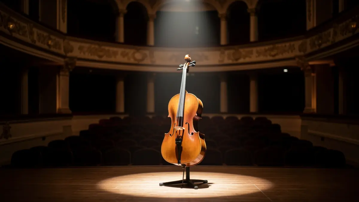 Generic image of a solo cello on a spotlight-lit stage, representing artistic legacy.