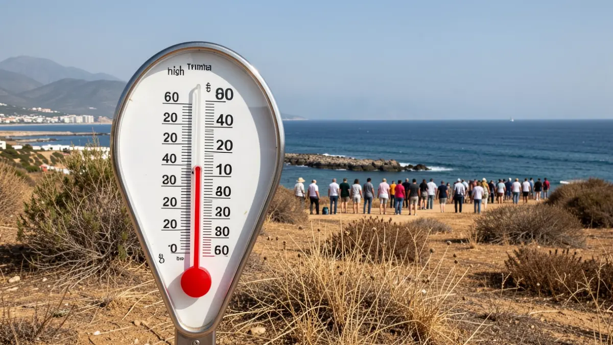 Thermometer showing high temperatures with a dry Valencian landscape in the background.