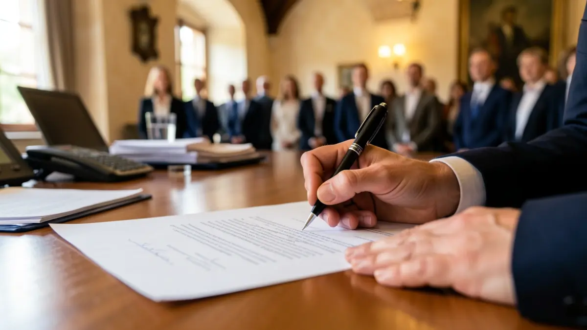 Generic image of a hand signing a document in a professional setting.