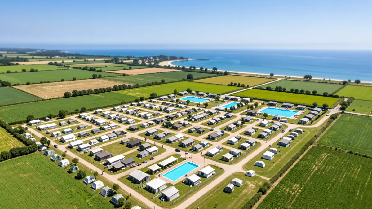 Aerial view of a camping site with plots, bungalows, and swimming pools near the coast.