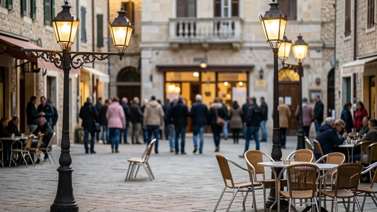 Generic image of a Mediterranean square with street lighting and urban furniture.