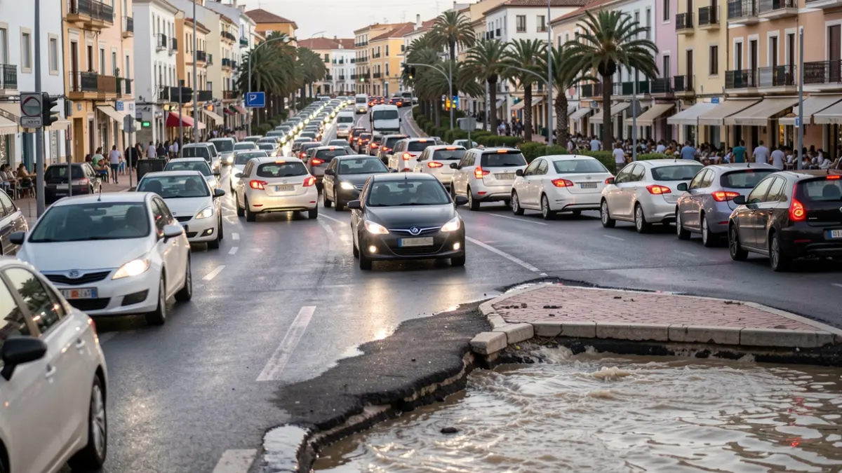 Generic image of congested traffic in Dénia with an area flooded by wastewater.