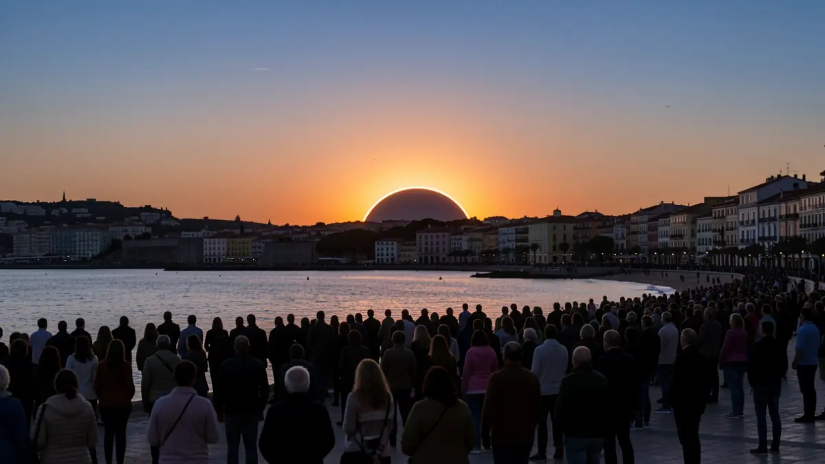 Imagen genérica de un eclipse parcial sobre la costa de Castellón con gente en la playa.