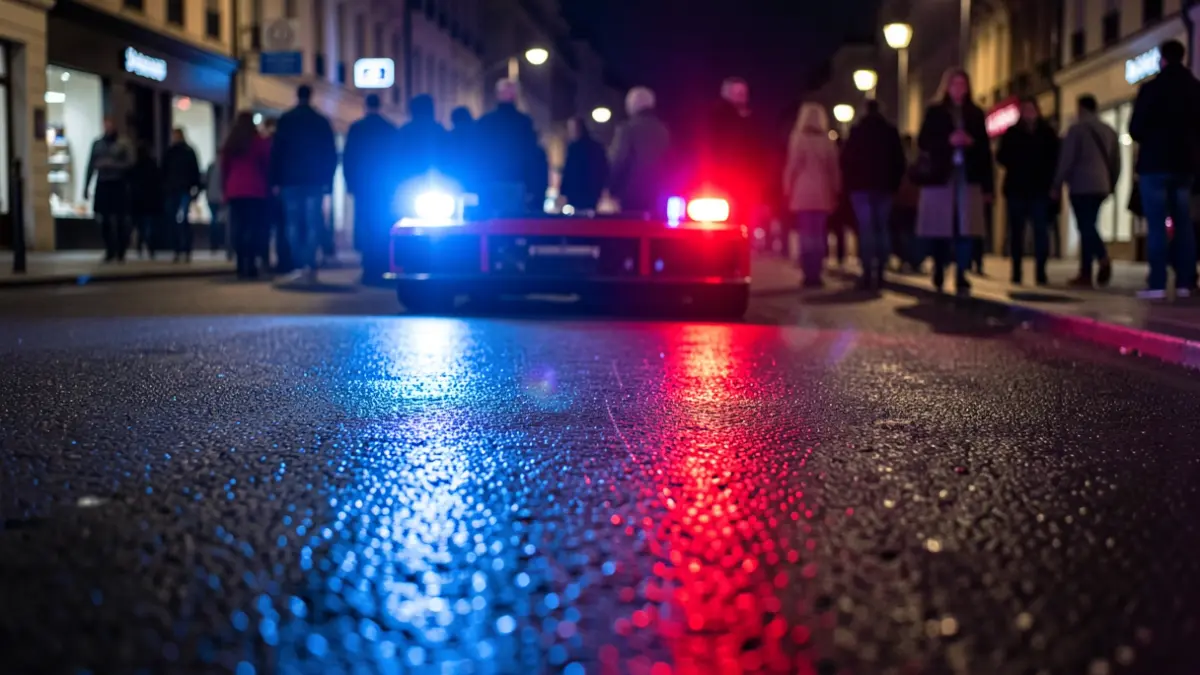 Generic image of police emergency lights reflecting on wet asphalt.