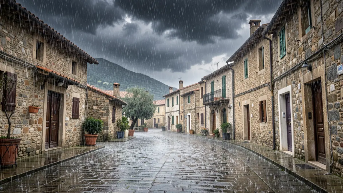Imatge genèrica de pluja torrencial i granissada sobre un poble mediterrani.