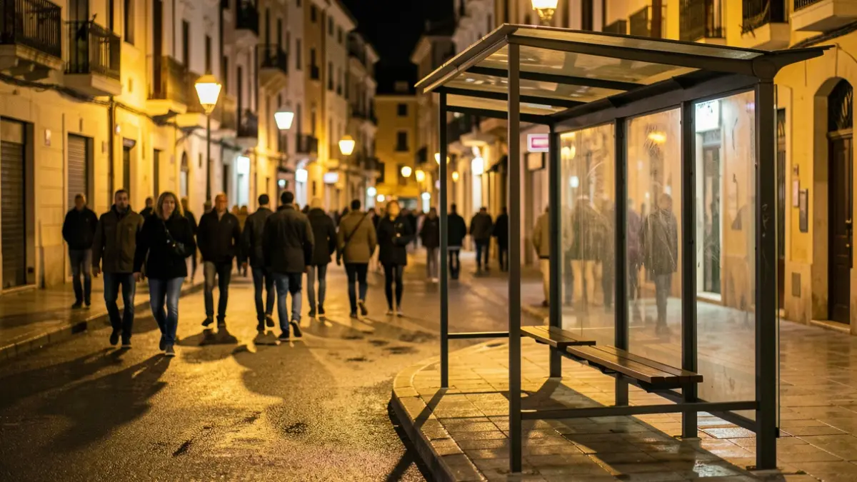 Generic image of a public transport stop at night.