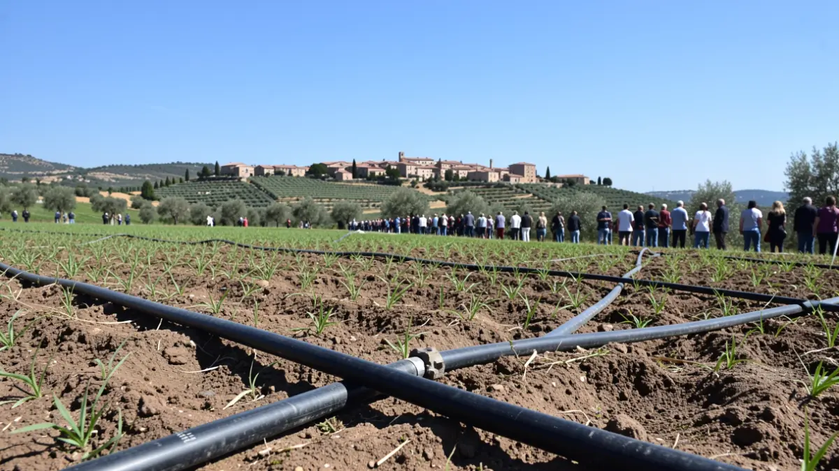 Generic image of cultivated fields with irrigation elements and a town in the background.