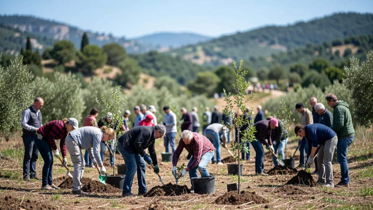 Imatge genèrica de voluntaris plantant arbres en una zona de reforestació.