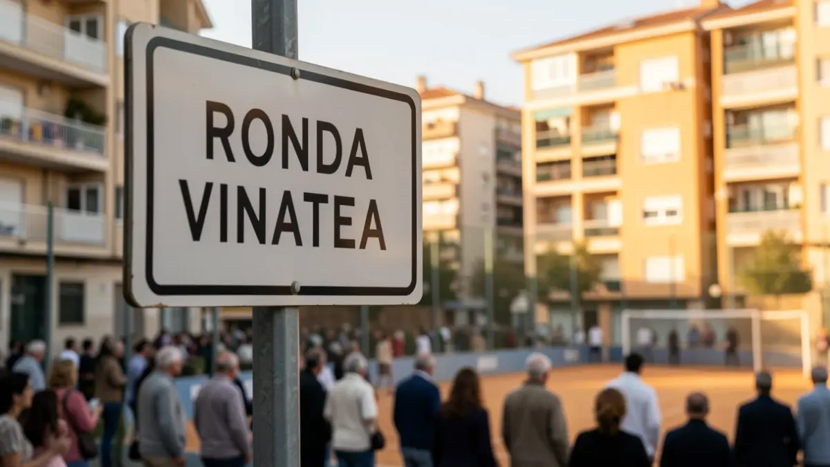 Sign for Ronda Vinatea in Castelló with buildings in the background.