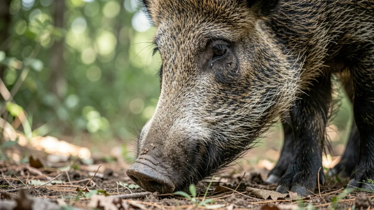 Image of a wild boar sniffing the ground in a Mediterranean forest.