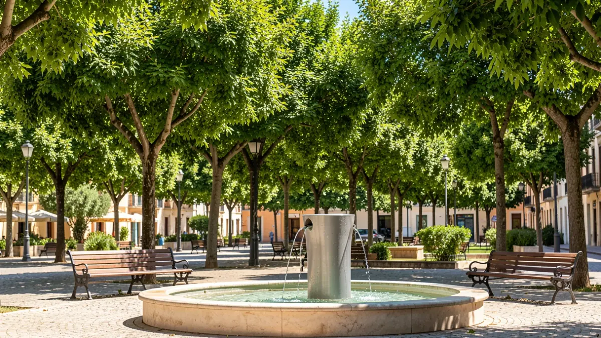 Generic image of an urban park with shaded areas and water fountains.