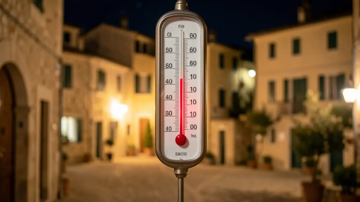 Termómetro que marca una temperatura extremadamente alta con un paisaje nocturno mediterráneo al fondo.