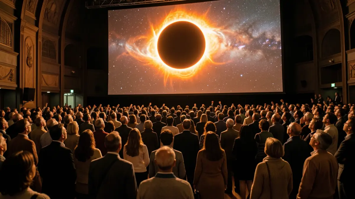 Imagen de un Planetario lleno de gente observando un eclipse solar.