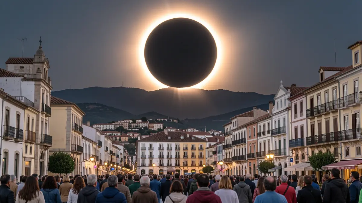 Generic image of a total solar eclipse over a Mediterranean city.
