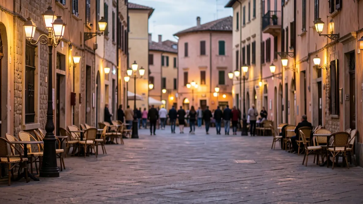 Imagen genérica de una plaza de pueblo mediterráneo al atardecer.